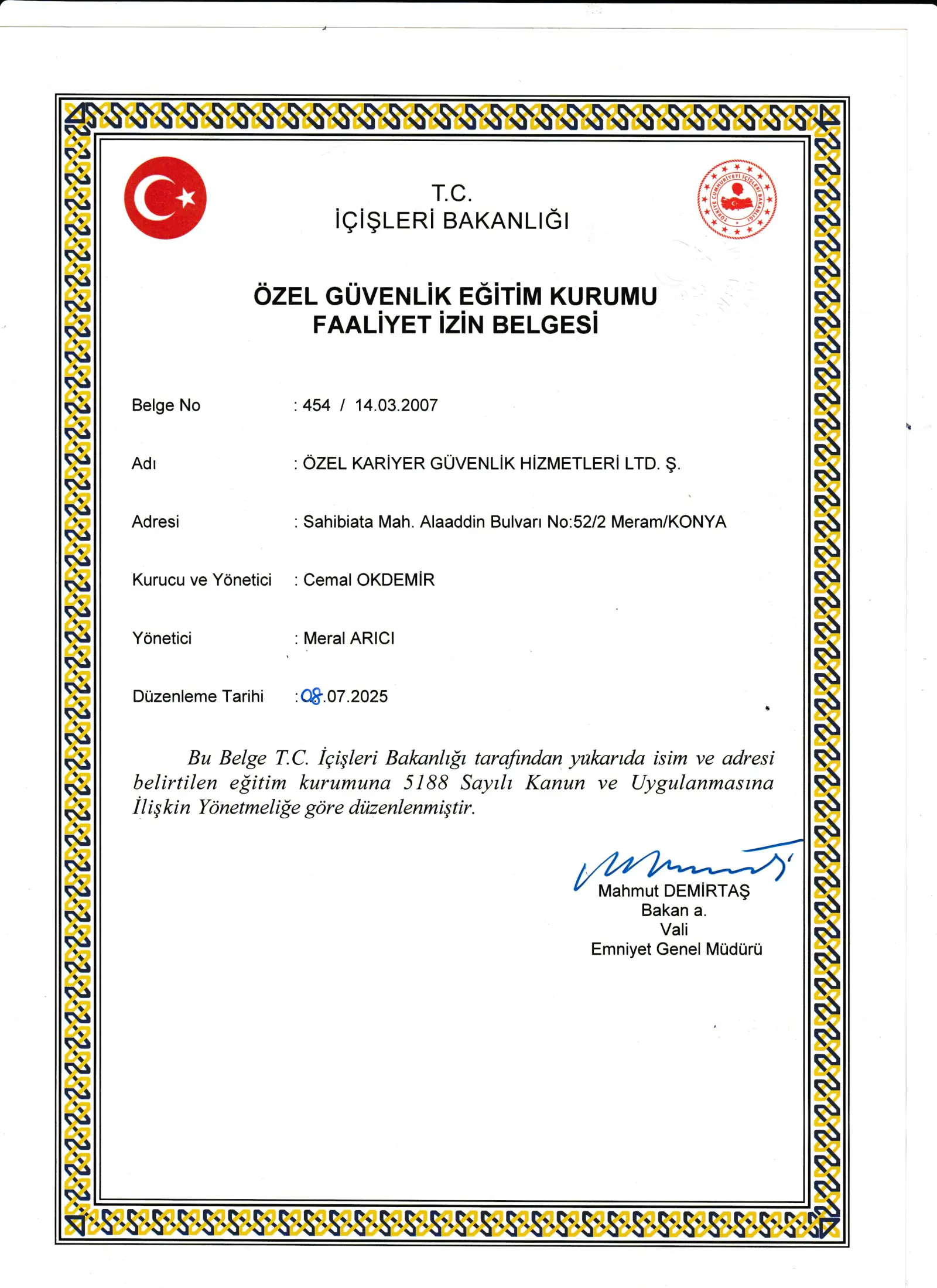 Kariyer Güvenlik Faliyet İzin Belgesi